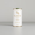 A 250ml metal can of Elixirio of Crete Organic Extra Virgin Olive Oil, featuring a white label with gold lettering and a green cap, centered on a plain white background.