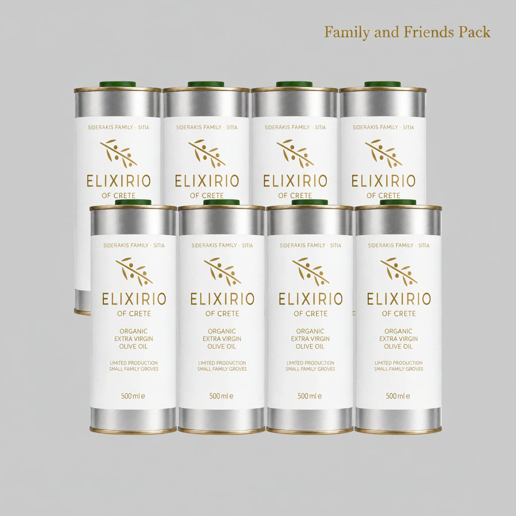 Eight white metal canisters of Elixirio of Crete organic extra virgin olive oil arranged in two rows of four on a solid gray background.